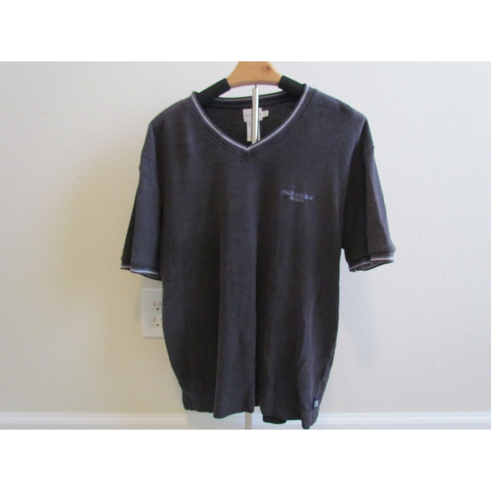 Calvin Klein Jeans V-Neck Shirt Large Gray Short Sleeve Embroidered Logo 90s